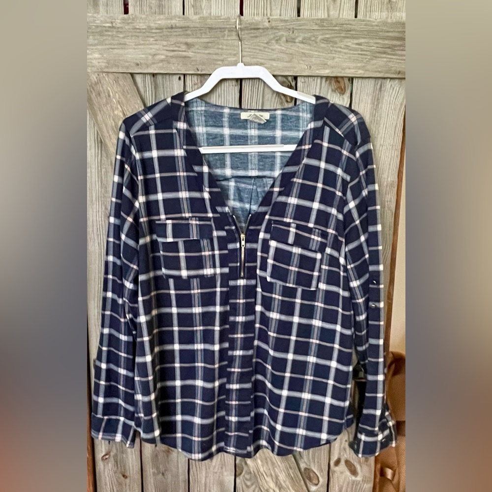 Navy Plaid Long Sleeve Women's Top